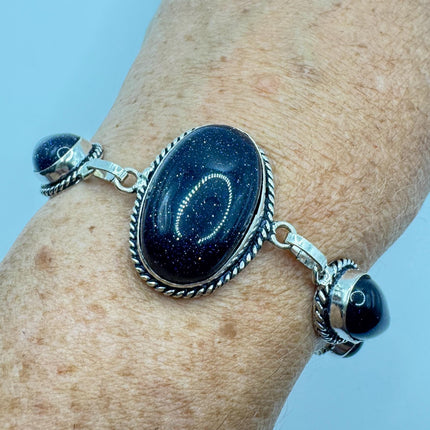 Vintage Black Sandstone Toggle Bracelet Silver Bronze