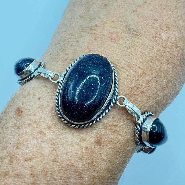 Vintage Black Sandstone Toggle Bracelet Silver Bronze