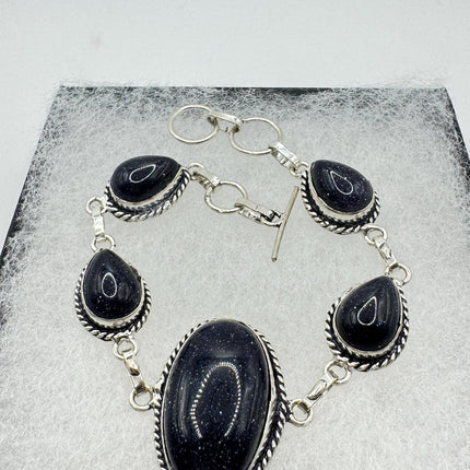Vintage Black Sandstone Toggle Bracelet Silver Bronze