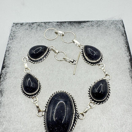 Vintage Black Sandstone Toggle Bracelet Silver Bronze
