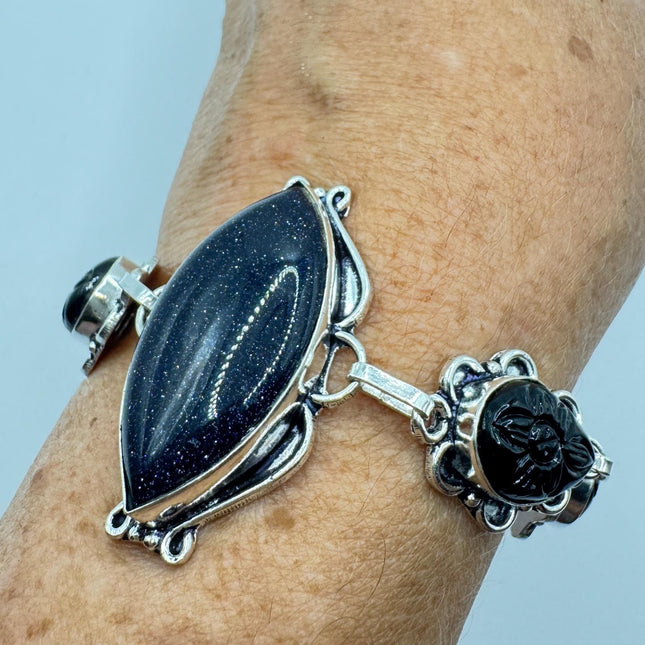 Vintage Black Sandstone Toggle Bracelet Silver Bronze