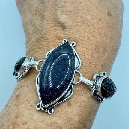 Vintage Black Sandstone Toggle Bracelet Silver Bronze