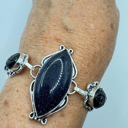 Vintage Black Sandstone Toggle Bracelet Silver Bronze