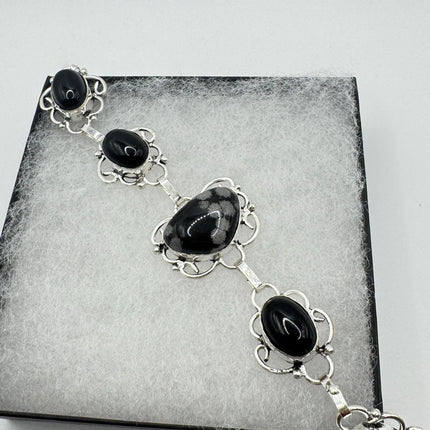 Vintage Snowflake Obsidian Black Onyx Toggle Bracelet Silver Bronze