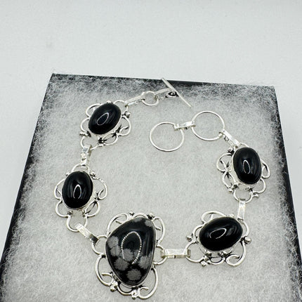 Vintage Snowflake Obsidian Black Onyx Toggle Bracelet Silver Bronze