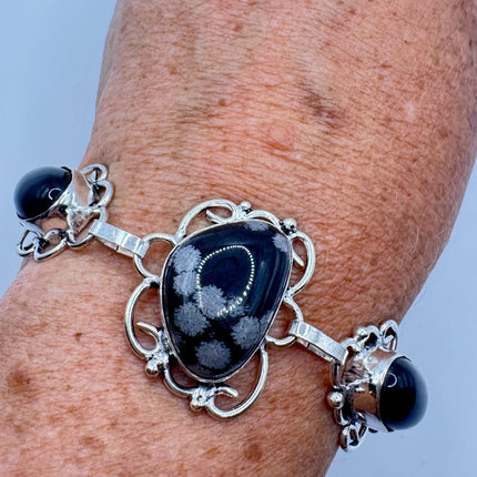 Vintage Snowflake Obsidian Black Onyx Toggle Bracelet Silver Bronze