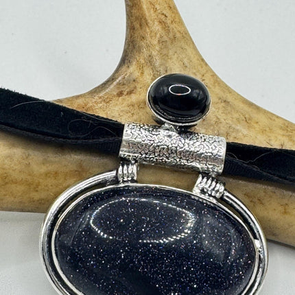 Vintage black sandstone necklace 925 sterling silver
