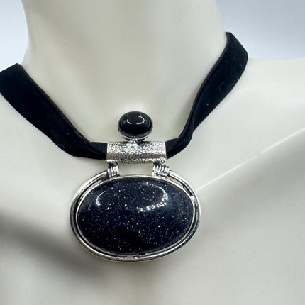 Vintage black sandstone necklace 925 sterling silver