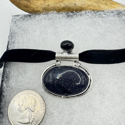 Vintage black sandstone necklace 925 sterling silver