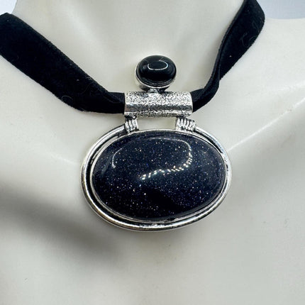 Vintage black sandstone necklace 925 sterling silver