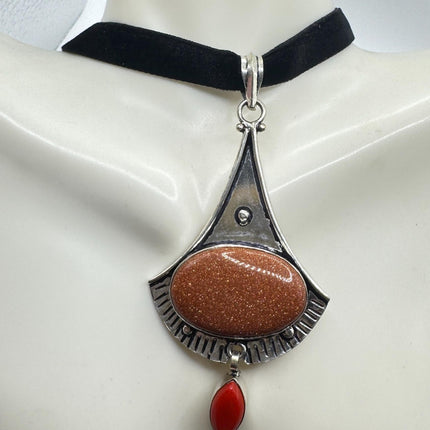 Vintage Gold Sandstone Boho Black Velvet Choker Silver Necklace