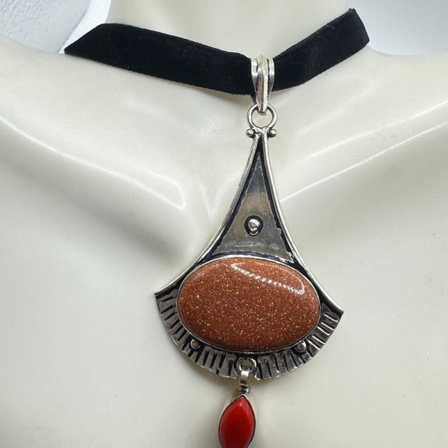 Vintage Gold Sandstone Boho Black Velvet Choker Silver Necklace