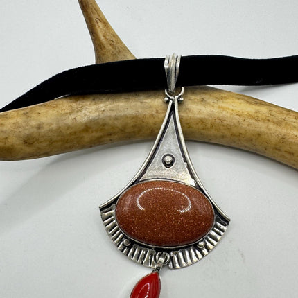 Vintage Gold Sandstone Boho Black Velvet Choker Silver Necklace