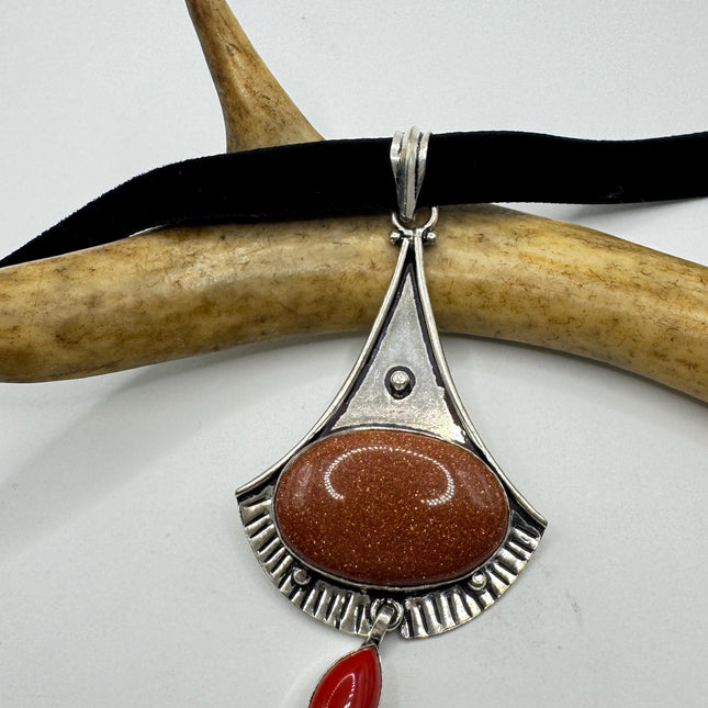 Vintage Gold Sandstone Boho Black Velvet Choker Silver Necklace