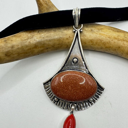 Vintage Gold Sandstone Boho Black Velvet Choker Silver Necklace