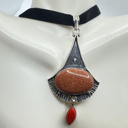 Vintage Gold Sandstone Boho Black Velvet Choker Silver Necklace