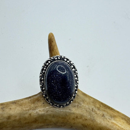 Vintage Black Sandstone Boho Statement Ring Detailed Silver Finished Bronze