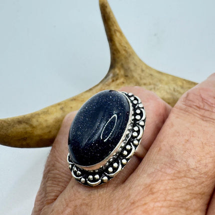 Vintage Black Sandstone Boho Statement Ring Detailed Silver Finished Bronze