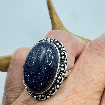 Vintage Black Sandstone Boho Statement Ring Detailed Silver Finished Bronze