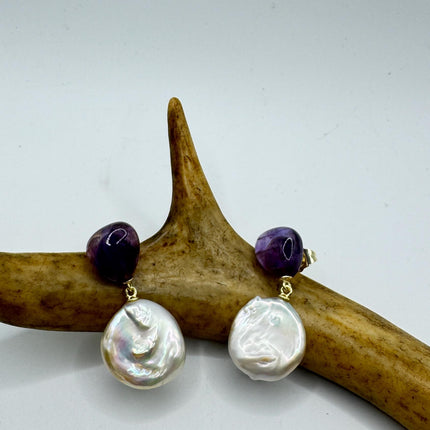 Vintage Purple Amethyst White Pearl Gold 925 Sterling Silver Chandelier Earrings