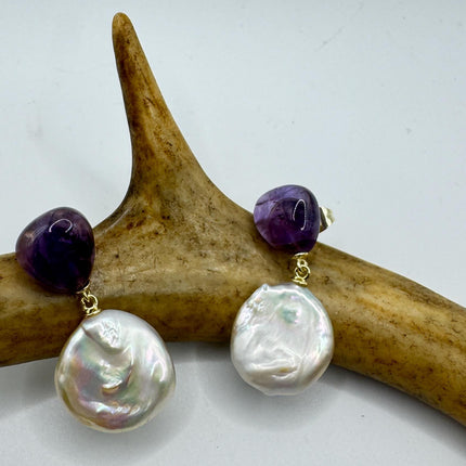 Vintage Purple Amethyst White Pearl Gold 925 Sterling Silver Chandelier Earrings