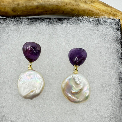 Vintage Purple Amethyst White Pearl Gold 925 Sterling Silver Chandelier Earrings