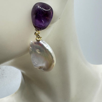 Vintage Purple Amethyst White Pearl Gold 925 Sterling Silver Chandelier Earrings