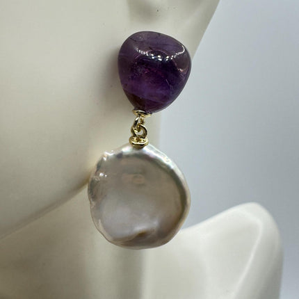 Vintage Purple Amethyst White Pearl Gold 925 Sterling Silver Chandelier Earrings