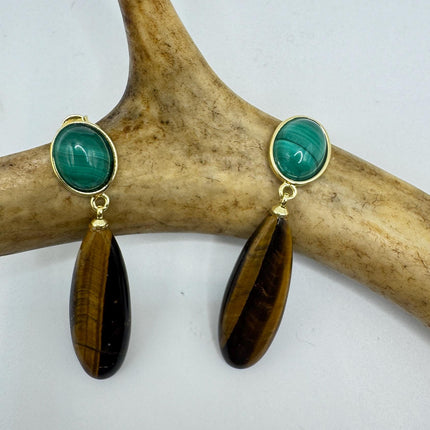 Vintage Tigers Eye Green Malachite Earrings Dangle Gold Filled