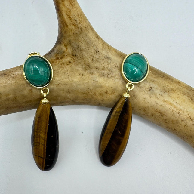 Vintage Tigers Eye Green Malachite Earrings Dangle Gold Filled