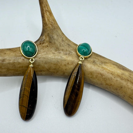 Vintage Tigers Eye Green Malachite Earrings Dangle Gold Filled