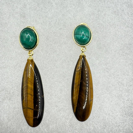 Vintage Tigers Eye Green Malachite Earrings Dangle Gold Filled
