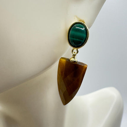 Vintage Tigers Eye Green Malachite Earrings Dangle Gold Filled