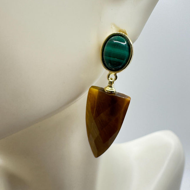 Vintage Tigers Eye Green Malachite Earrings Dangle Gold Filled