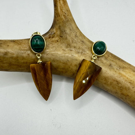 Vintage Tigers Eye Green Malachite Earrings Dangle Gold Filled