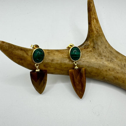 Vintage Tigers Eye Green Malachite Earrings Dangle Gold Filled