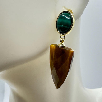 Vintage Tigers Eye Green Malachite Earrings Dangle Gold Filled