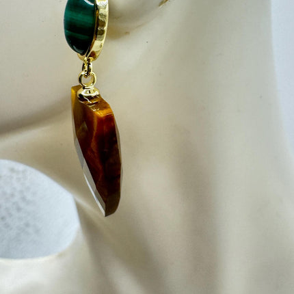 Vintage Tigers Eye Green Malachite Earrings Dangle Gold Filled