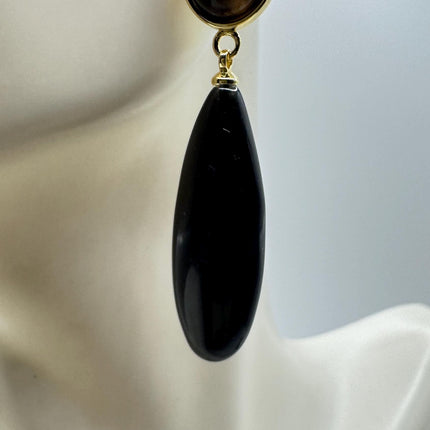 Vintage Tigers Eye Black Onyx Earrings Dangle Gold Filled