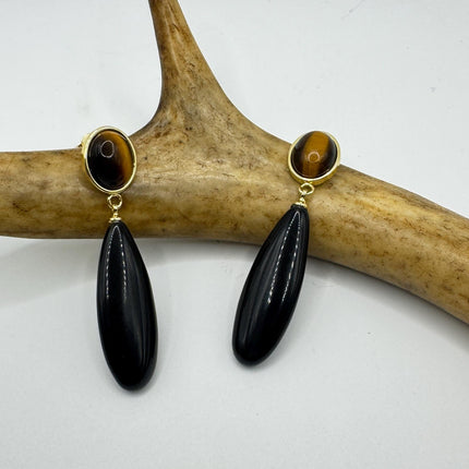 Vintage Tigers Eye Black Onyx Earrings Dangle Gold Filled