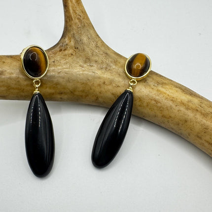 Vintage Tigers Eye Black Onyx Earrings Dangle Gold Filled