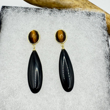 Vintage Tigers Eye Black Onyx Earrings Dangle Gold Filled