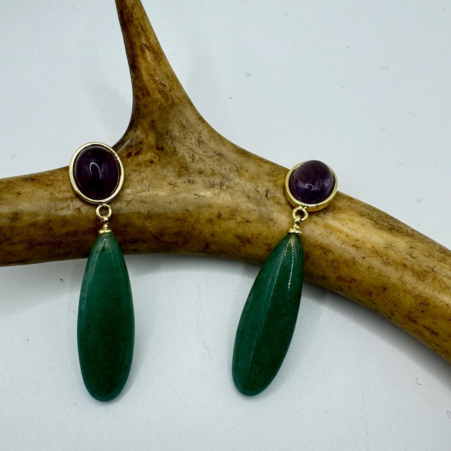 Vintage Purple Amethyst Green Nephrite Jade Gold 925 Sterling Silver Chandelier Earrings