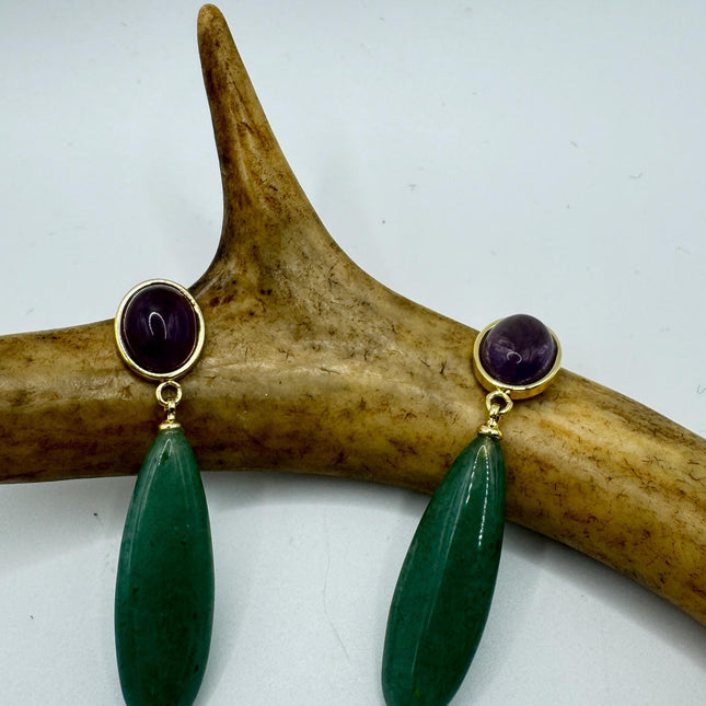 Vintage Purple Amethyst Green Nephrite Jade Gold 925 Sterling Silver Chandelier Earrings