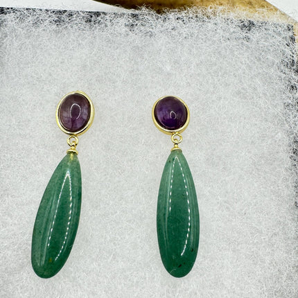 Vintage Purple Amethyst Green Nephrite Jade Gold 925 Sterling Silver Chandelier Earrings