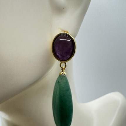 Vintage Purple Amethyst Green Nephrite Jade Gold 925 Sterling Silver Chandelier Earrings