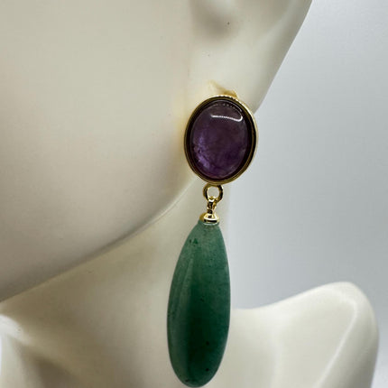 Vintage Purple Amethyst Green Nephrite Jade Gold 925 Sterling Silver Chandelier Earrings