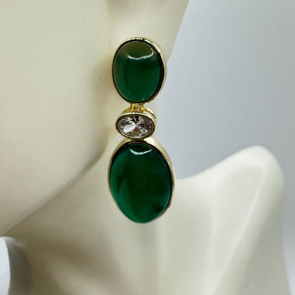 Vintage Green Jade Dangle Lucky Gold Sterling Silver Earrings
