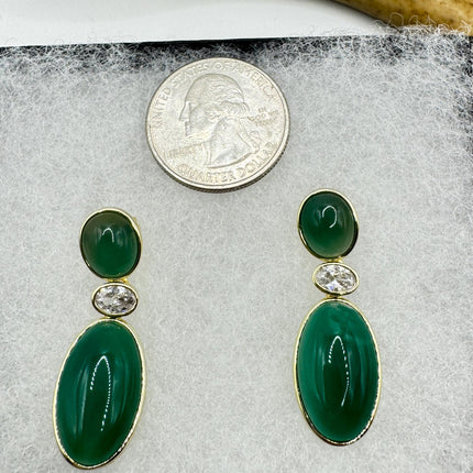 Vintage Green Jade Dangle Lucky Gold Sterling Silver Earrings