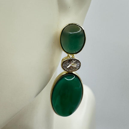 Vintage Green Jade Dangle Lucky Gold Sterling Silver Earrings